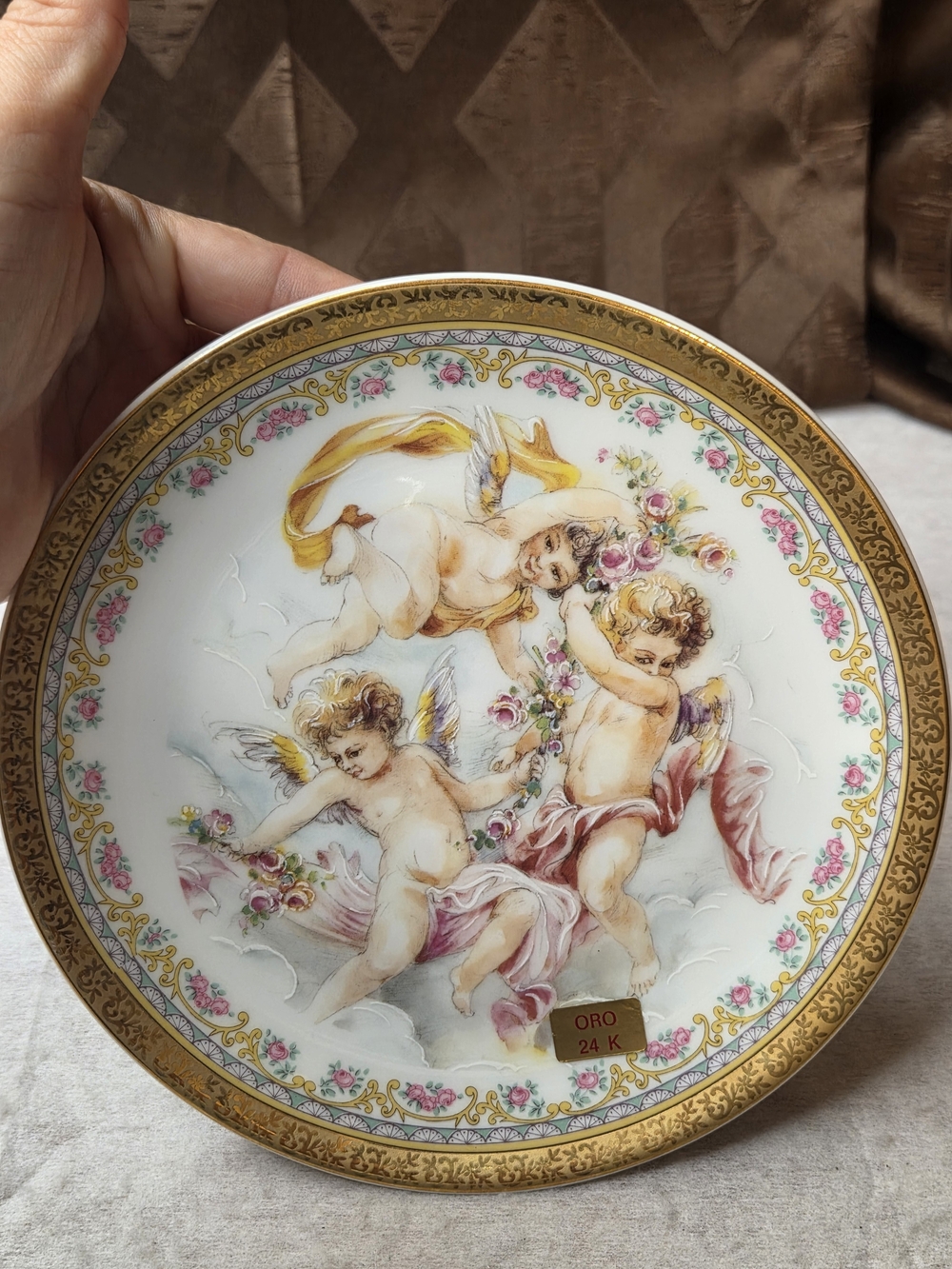 Limoges Porcelain Cherub Plate with Gold Trim and Pink Accents